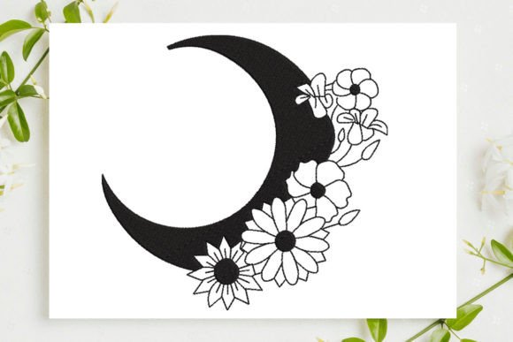 Moon with Flower Embroidery Design